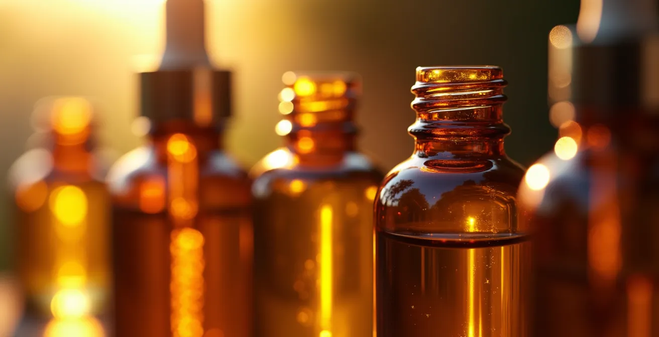 Detailaufnahme von Etiketten hochwertiger ätherischer Öle