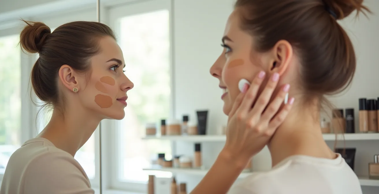 Seitenprofil einer Frau mit drei verschiedenen Foundation-Streifen entlang der Kieferlinie im Tageslicht