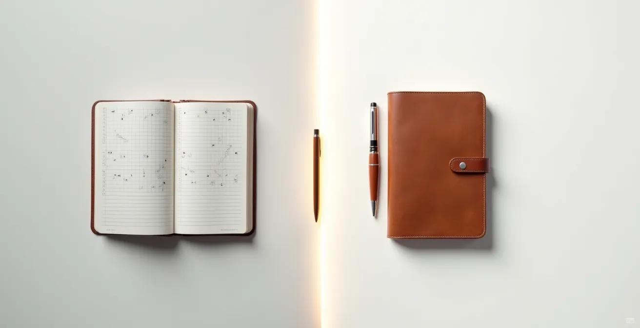 Split-Screen Komposition zeigt links strukturiertes Journal mit Checkboxen, rechts leeres Notizbuch mit Stift