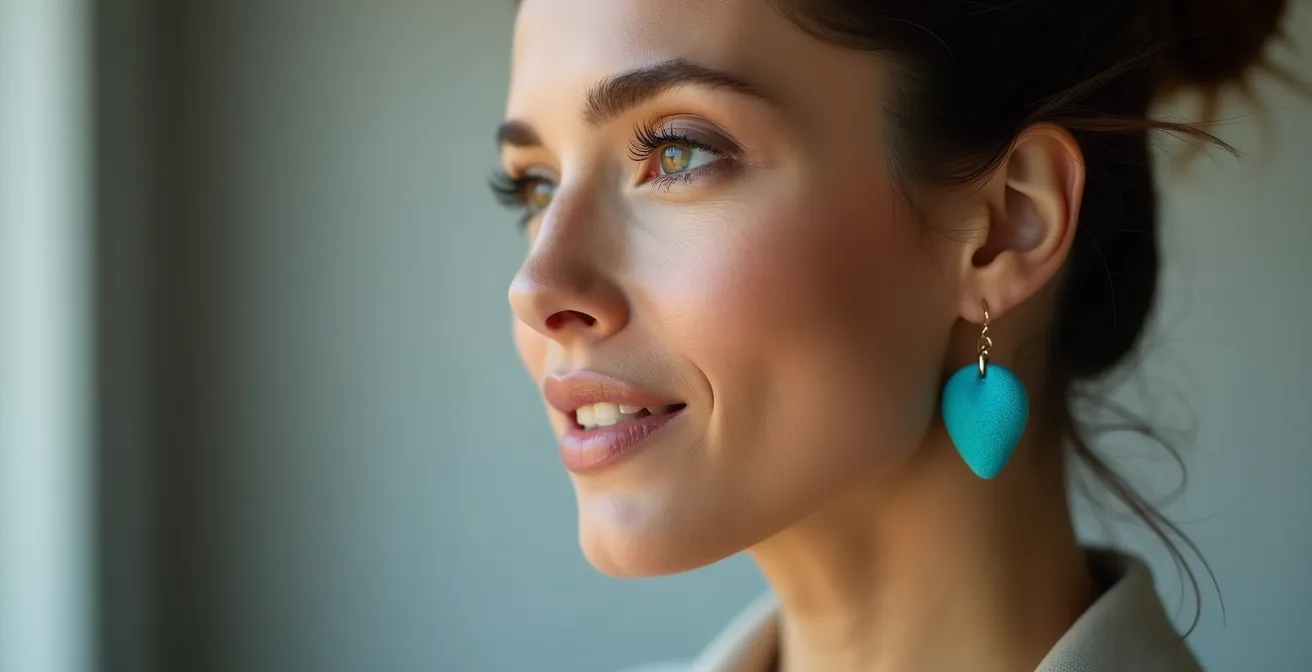 Nahaufnahme einer Frau mit mittelgroßen türkisfarbenen Ohrringen die das Gesicht einrahmen