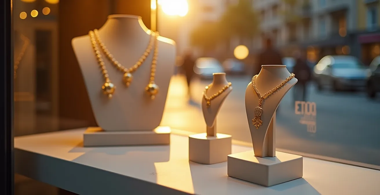 Darstellung saisonaler Goldpreisschwankungen im deutschen Einzelhandel durch eine elegante Schaufensterauslage