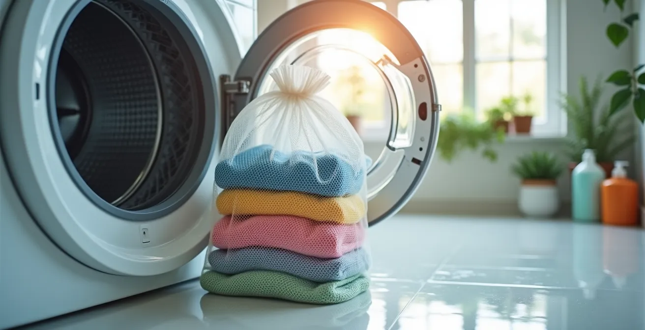 Waschbeutel mit synthetischen Textilien in moderner Waschmaschine