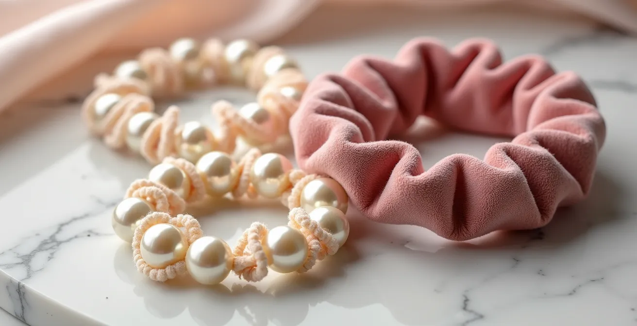 Elegante Haar-Accessoires wie ein Samthaarreif und Perlenspangen auf minimalistischem Marmorhintergrund