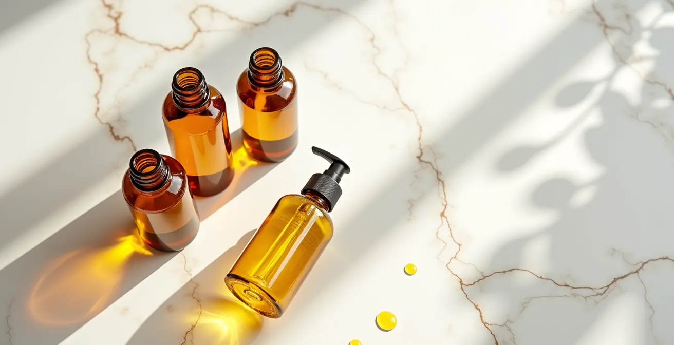 Umweltaufnahme verschiedener natürlicher Öle in minimalistischem Setting für Haarversiegelung