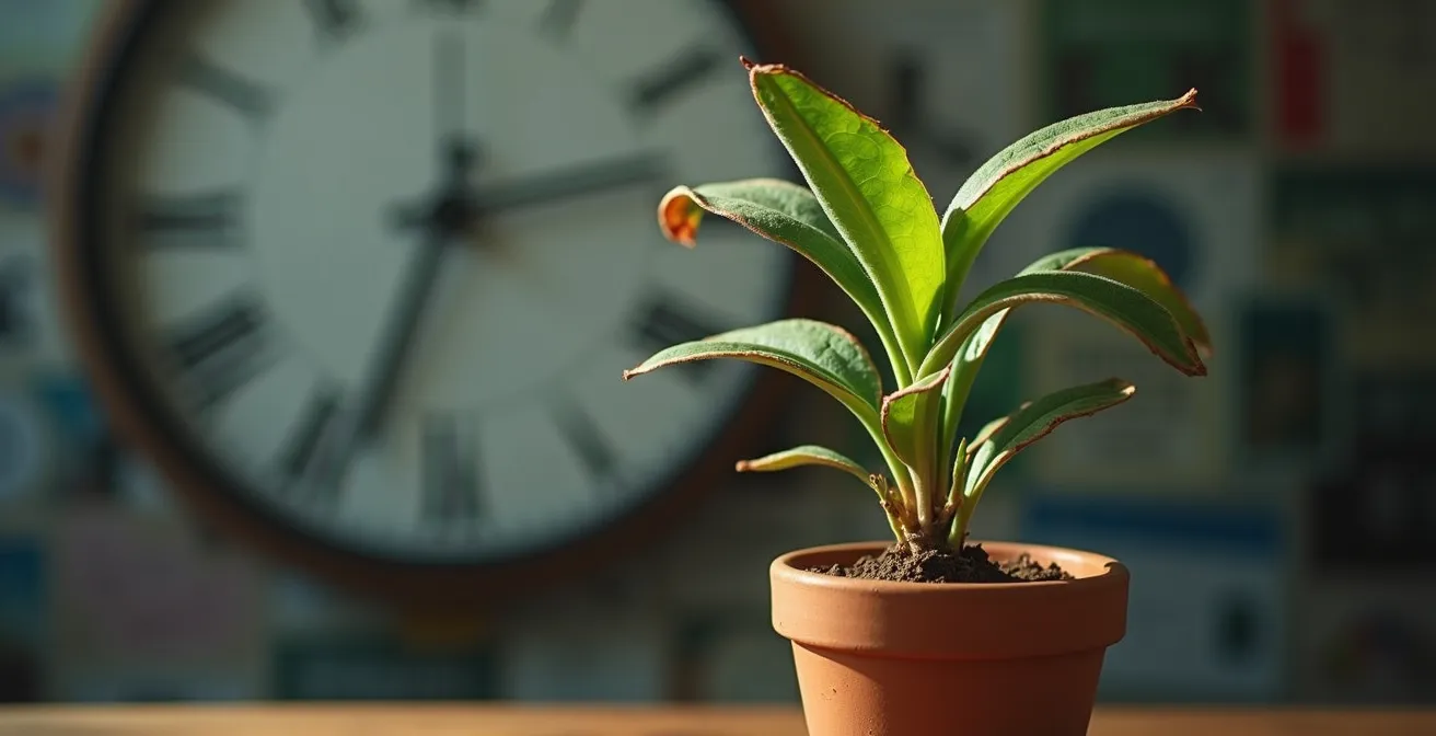 Querschnitt eines Haarfollikels während der stressbedingten Telogenphase, symbolisiert durch eine welkende Pflanze.