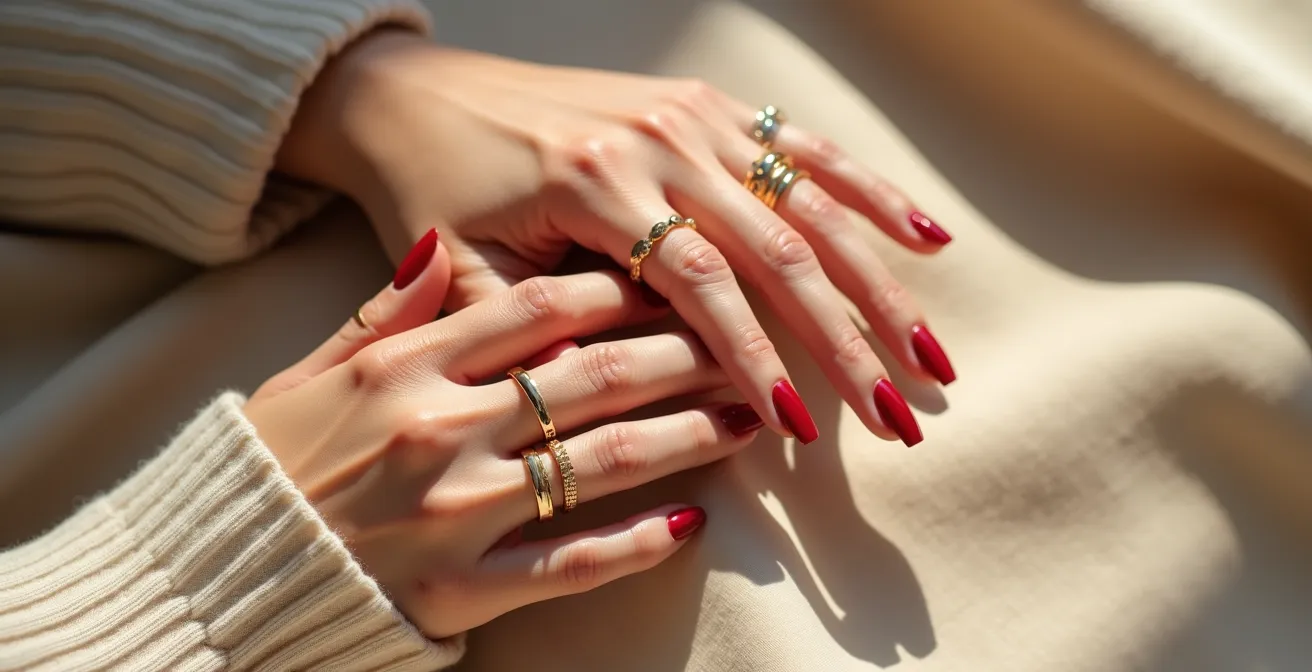Elegante Frauenhände mit goldenen minimalistischen Ringen und verschiedenen Nagellackfarben