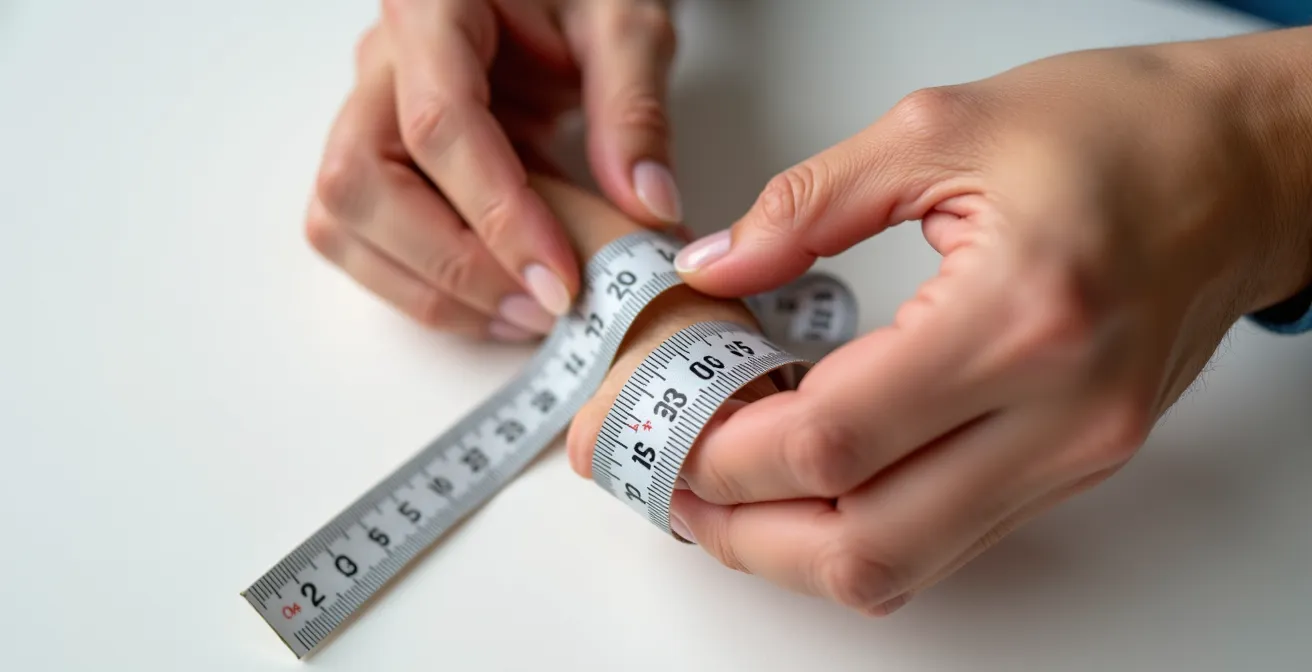 Nahaufnahme einer Hand beim Messen mit Maßband für Armreifgröße