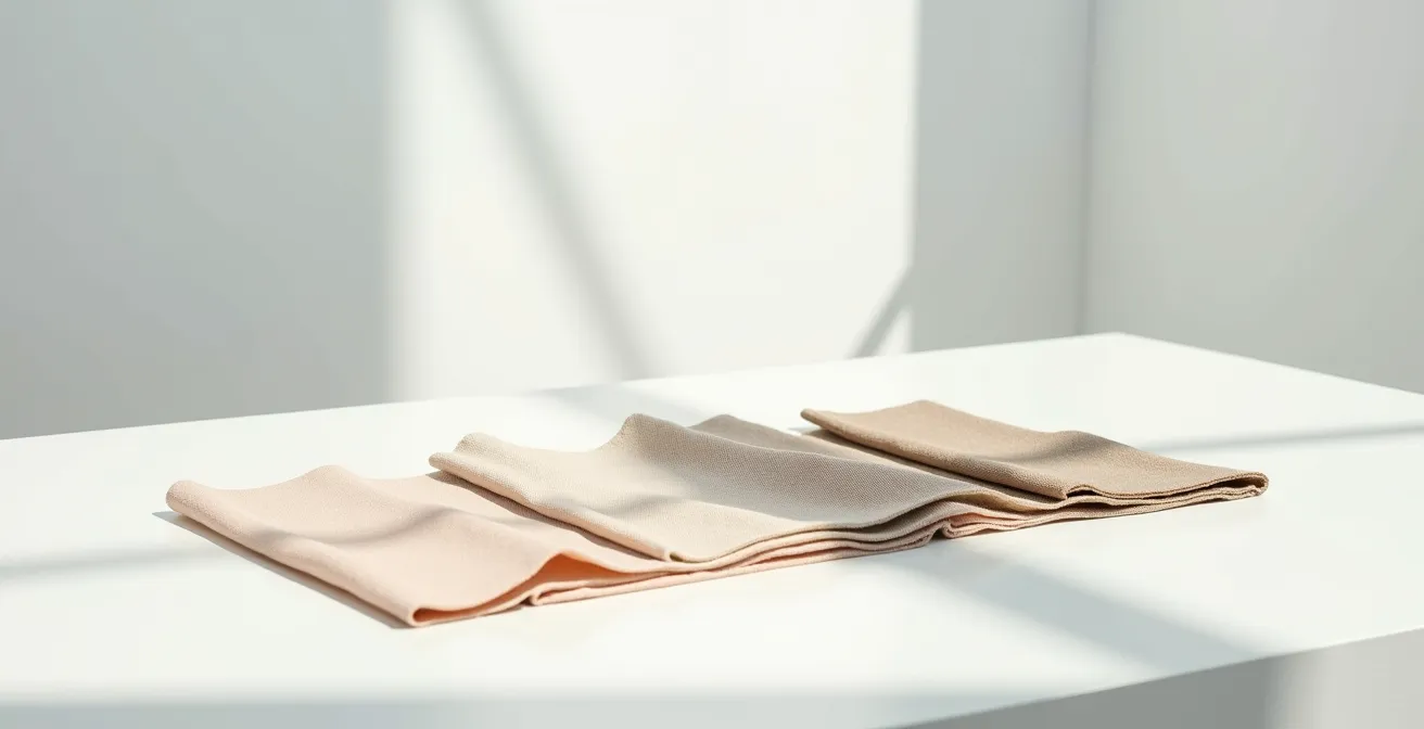 Nahaufnahme verschiedener moderner und nachhaltiger Textilfasern in einem minimalistischen Labor-Setting.