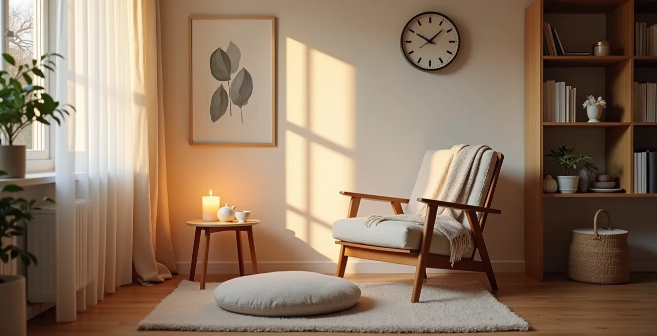 Entspanntes Feierabend-Ritual mit geplanter Spa-Zeit in einem minimalistischen, deutschen Wohnambiente.