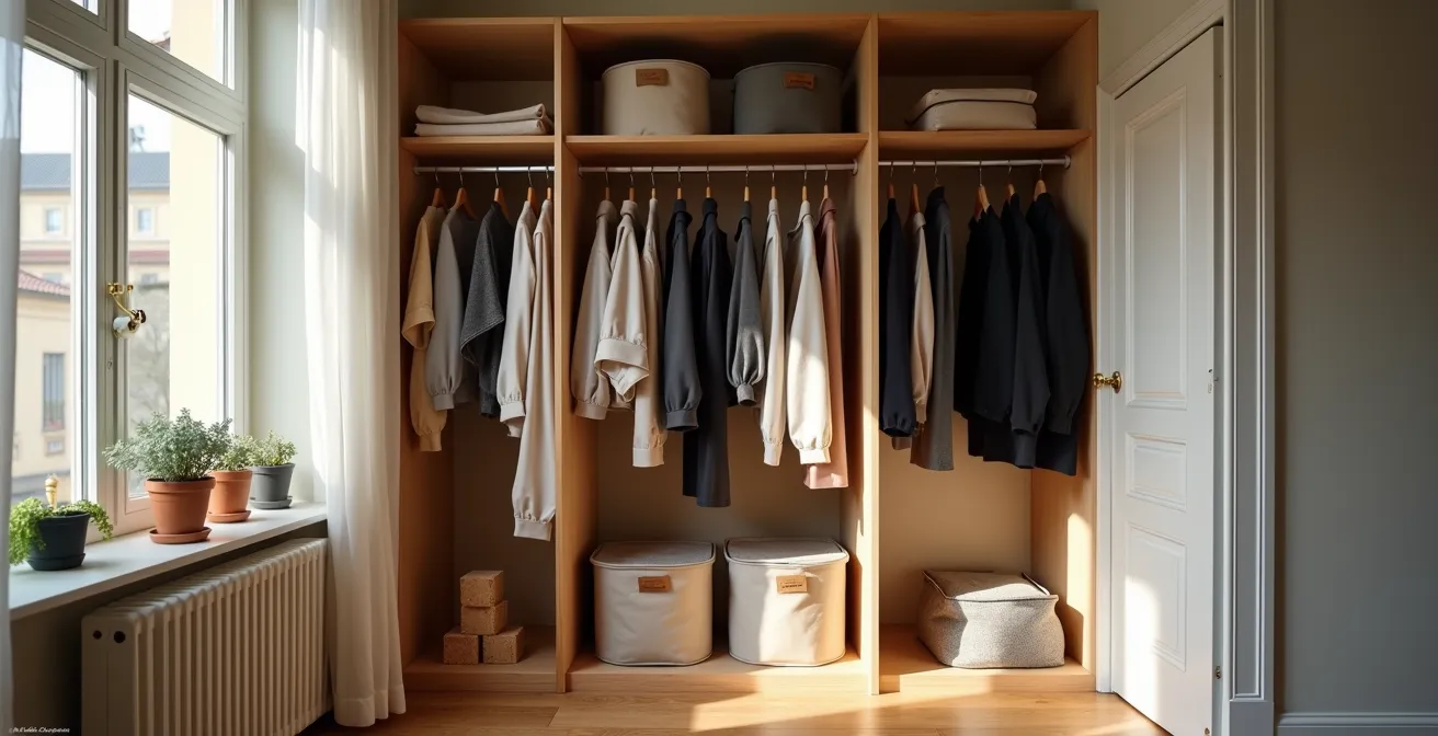 Organisierte minimalistische Garderobe in kleiner Berliner Altbauwohnung mit effizienter Raumnutzung.