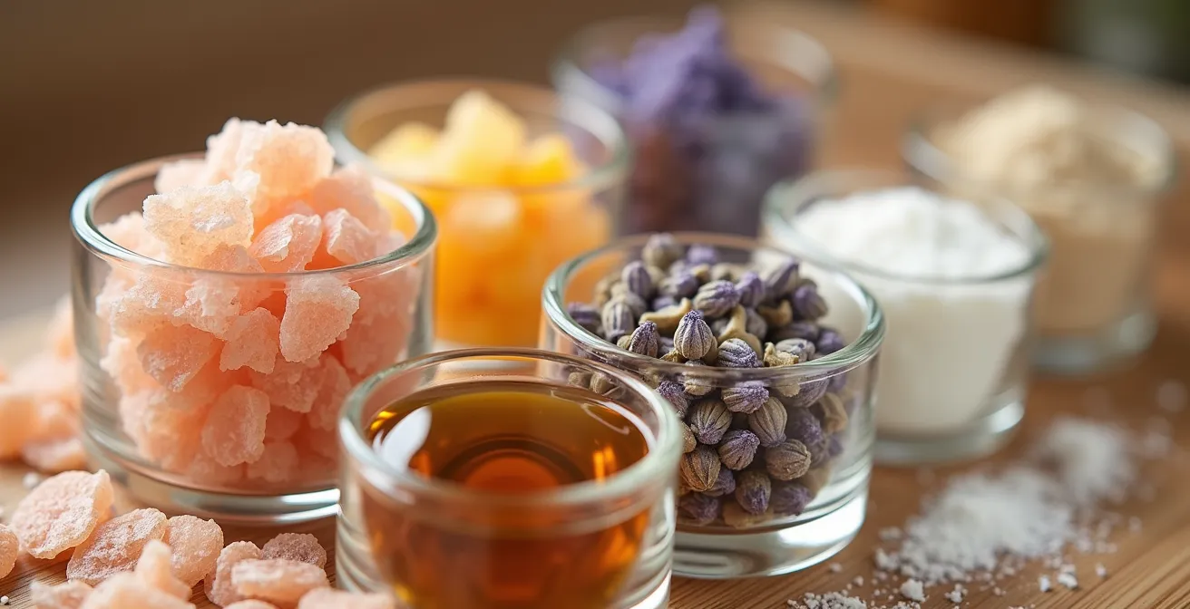 Sensorische Wellness-Reise mit deutschen Naturprodukten und Texturen, darunter grobes Salz, getrockneter Lavendel und samtiges Öl in Glasgefäßen.