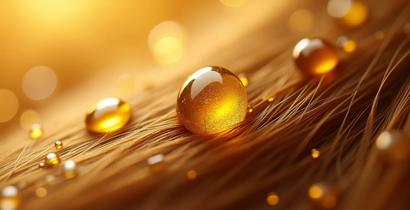 Makroaufnahme von Öltropfen auf Haarsträhnen zeigt unterschiedliche Absorption