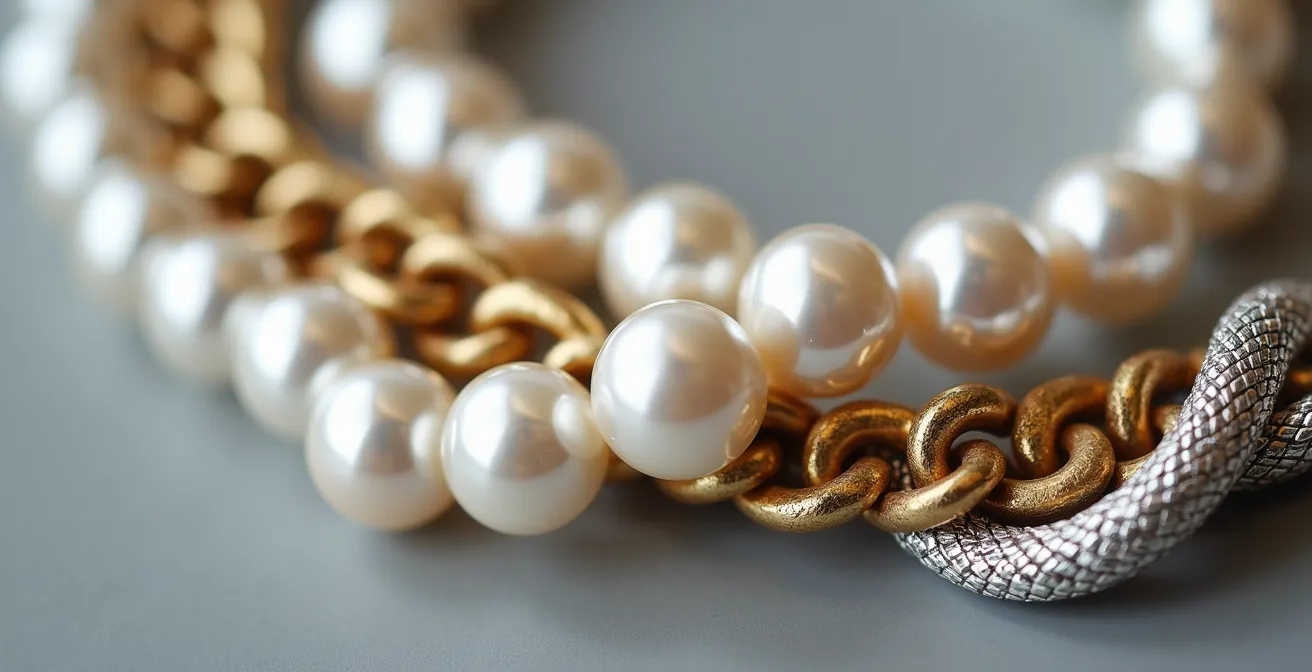 Nahaufnahme verschiedener Kettentexturen im Layering-Look: Perlen, grobe Glieder und feine Kette