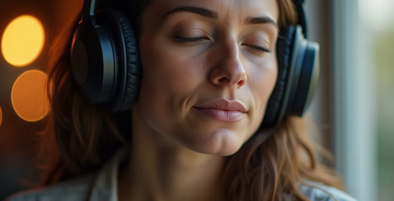 Person mit geschlossenen Augen trägt hochwertige Kopfhörer in ruhiger Umgebung