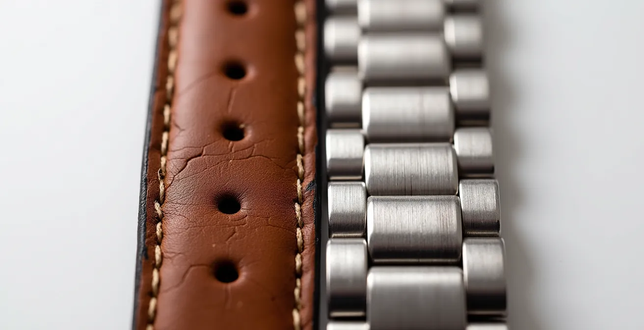 Makroaufnahme von hochwertigem Lederarmband neben gebürstetem Edelstahlband