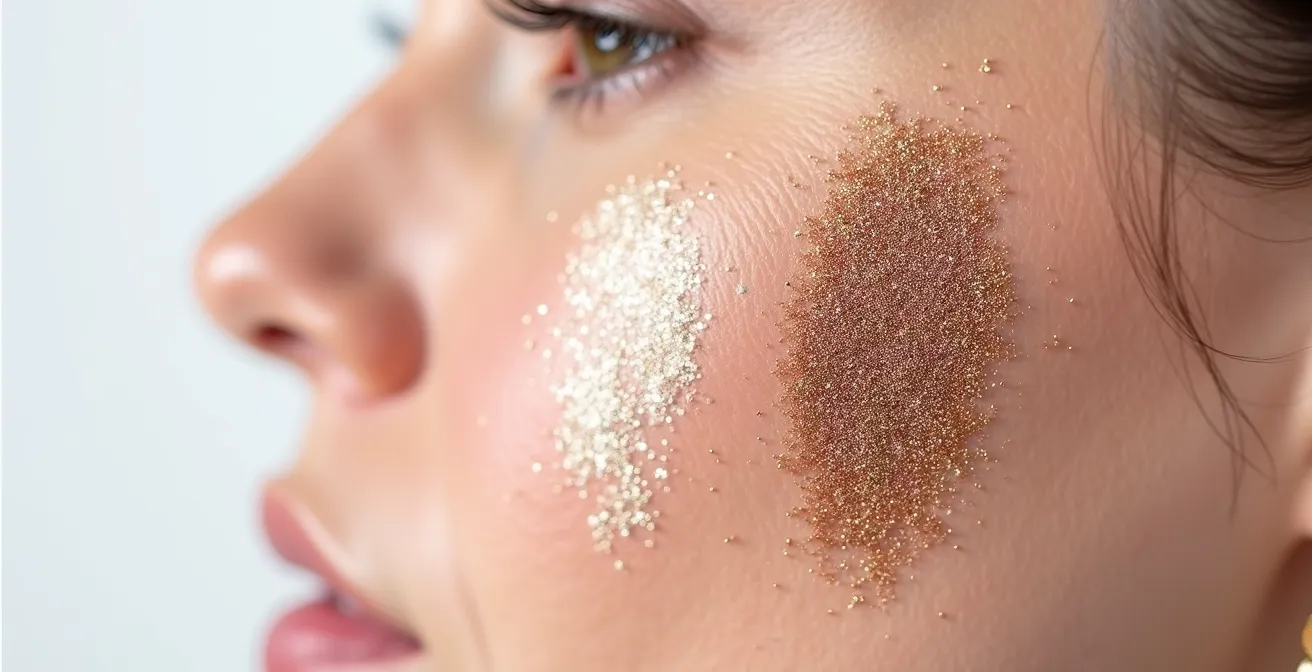 Makroaufnahme zweier Lidschatten-Swatches auf reifer Haut