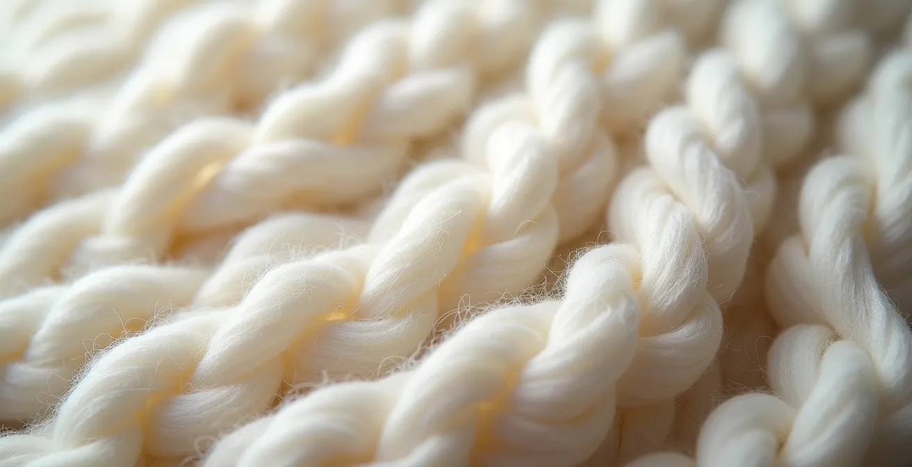 Detailaufnahme von hochwertiger Merinowolle mit sichtbarer Faserstruktur