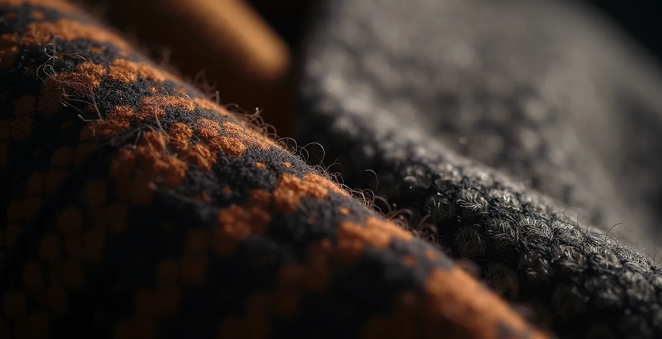 Detailaufnahme hochwertiger Wollmantel-Materialien im Vergleich zu synthetischem Stoff.