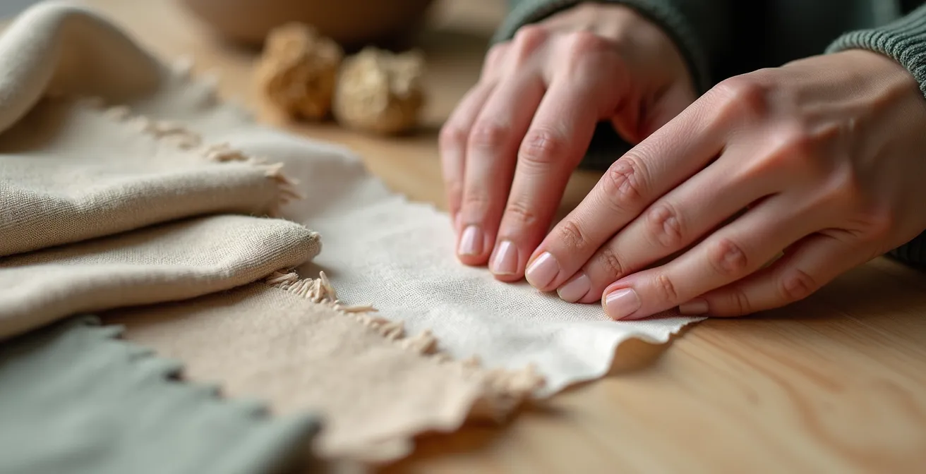 Hände arrangieren verschiedene Stoffmuster und Texturen auf einem Moodboard, um innere Werte zu visualisieren