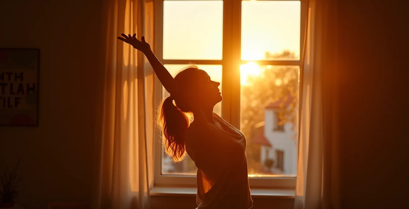 Silhouette einer Person, die sich morgens am Fenster eines deutschen Schlafzimmers streckt, während goldenes Morgenlicht hereinfällt