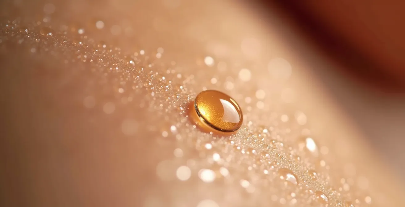 Makroaufnahme von Hautpflege-Serum auf strahlender Haut