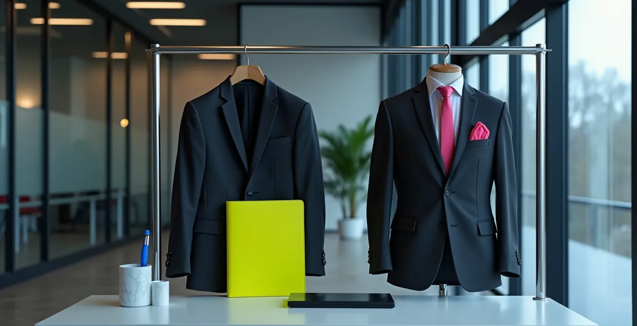 Ein professioneller Business-Look in einem modernen deutschen Büro, subtil aufgewertet durch dezente Neon-Details wie eine gelbe Mappe.