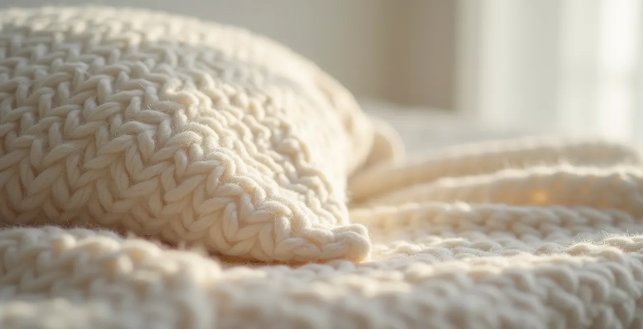 Makroaufnahme von beruhigenden Schlaftexturen wie Leinen und Wolle in neutralen Tönen