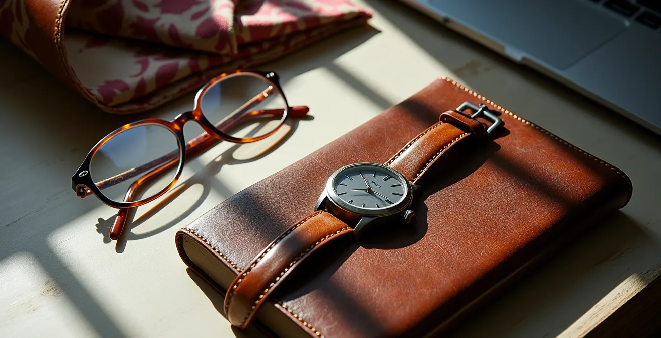 Stilvolle Accessoires und persönliche Details auf einem aufgeräumten Schreibtisch