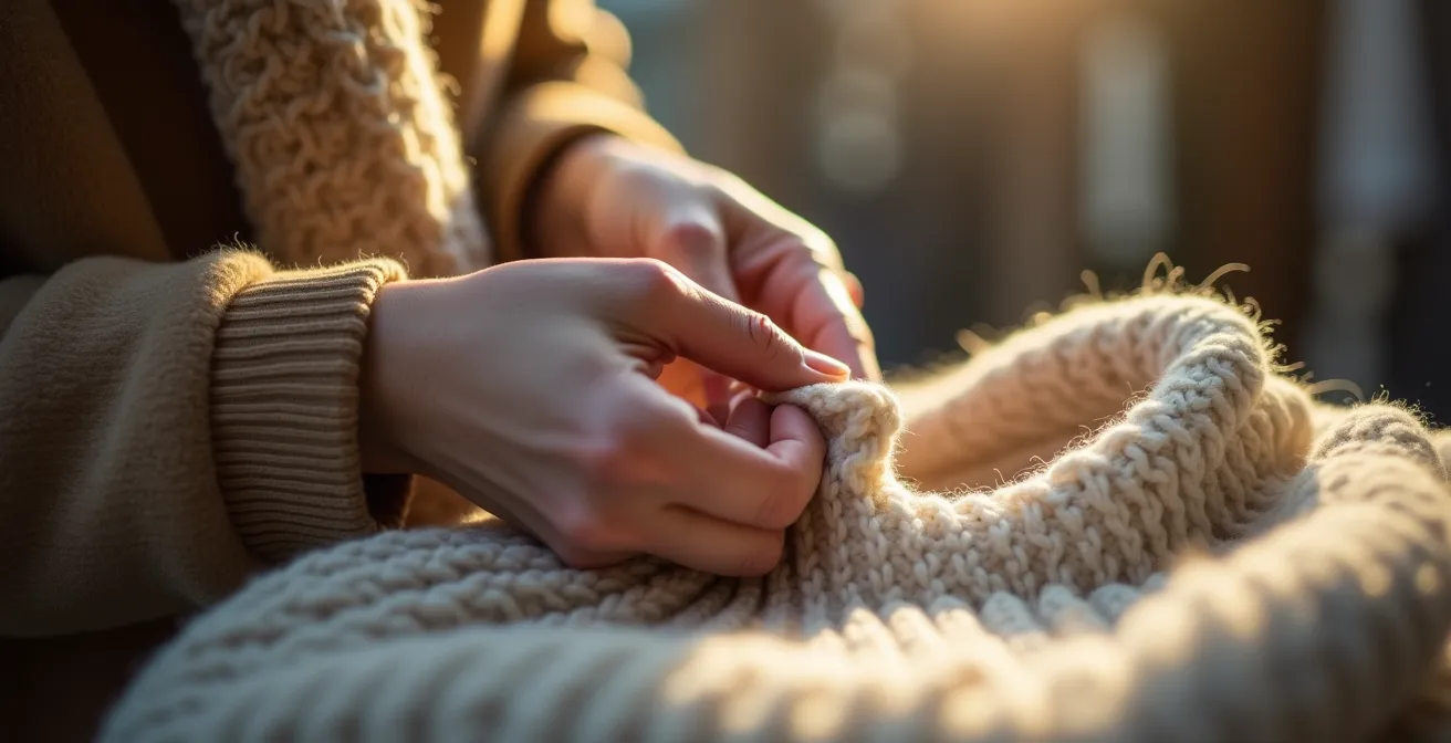 Nahaufnahme einer Hand, die die Stoffqualität eines Wollpullovers auf Pilling-Neigung testet.