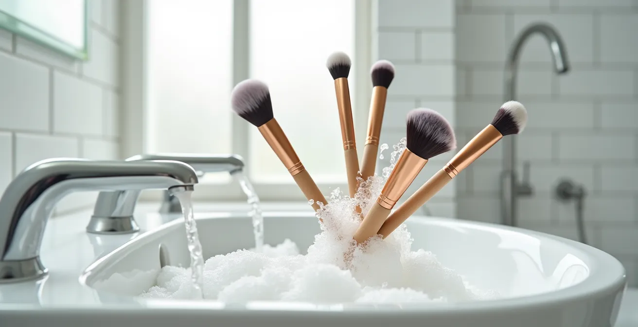 Makroaufnahme von Pinselborsten unter fließendem Wasser mit Seifenschaum und Kalkpartikeln