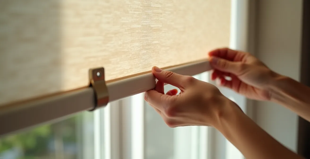 Ein Klemmplissee wird ohne Bohren am Fenster einer Mietwohnung montiert und sorgt für Dunkelheit.