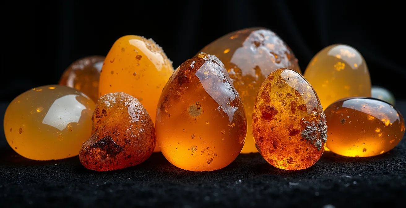Makroaufnahme von deutschem Bernstein und Achat Steinen, die die natürlichen Strukturen und Einschlüsse zeigen.