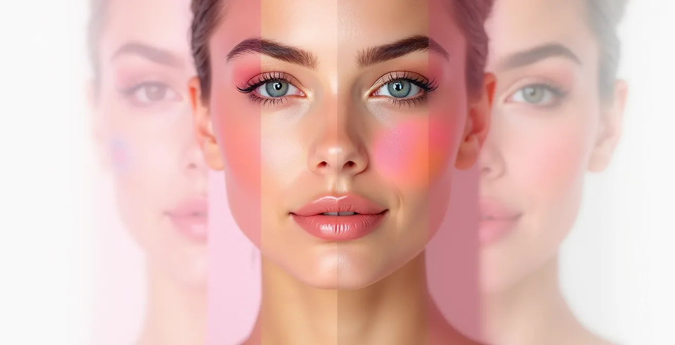 Frauengesicht mit markierten Rouge-Platzierungen für verschiedene Gesichtsformen, die eine C-Form und andere Lifting-Techniken zeigen.