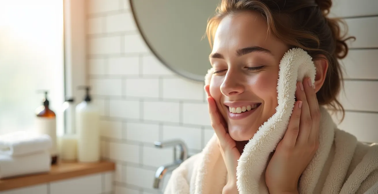 Sanftes Tupfen der Gesichtshaut mit weichem Tuch