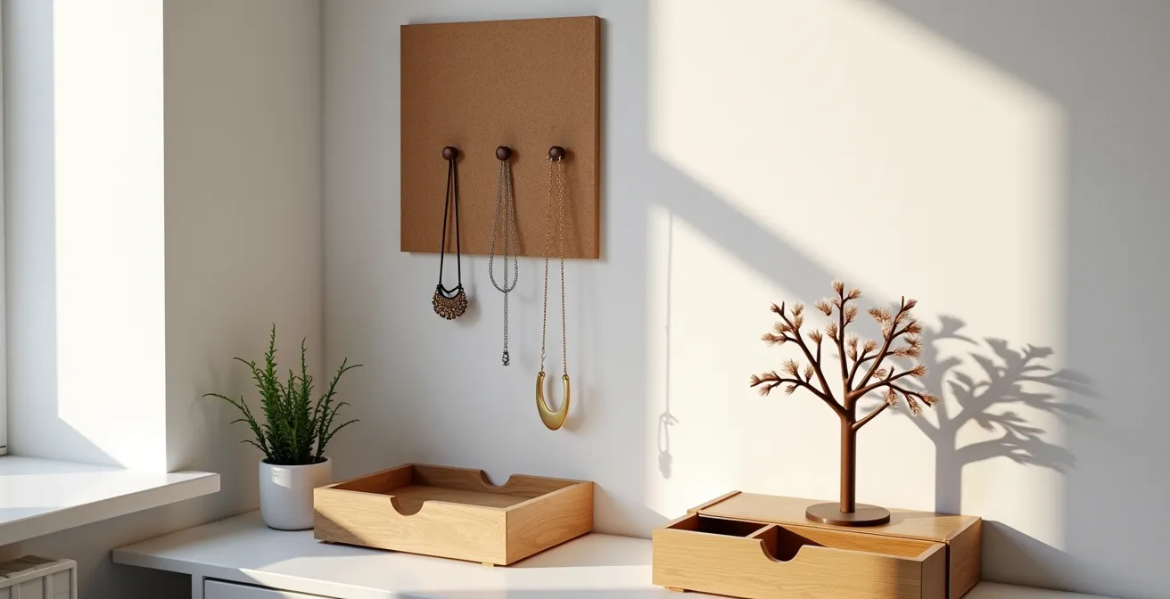 Verschiedene organisierte Aufbewahrungsmethoden für Halsketten, darunter ein DIY-Kork-Board und ein Schmuckbaum.