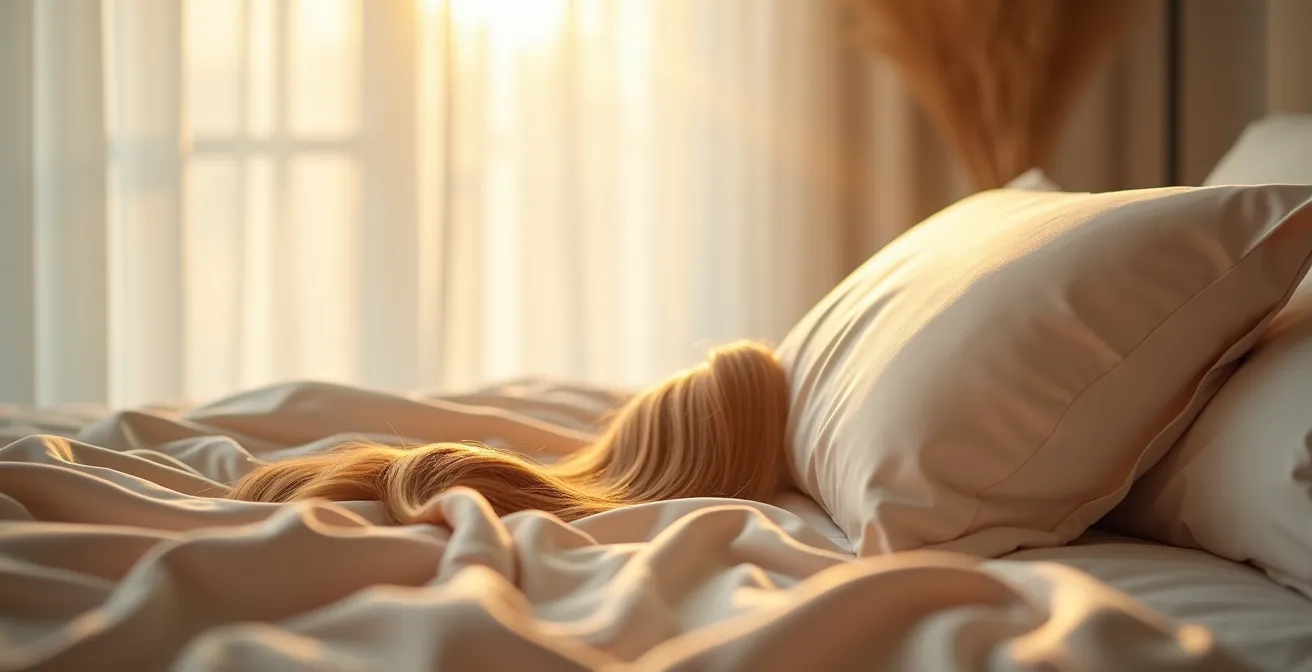 Nahaufnahme von glattem Haar auf einem Seidenkissen, die die reduzierte Reibung verdeutlicht