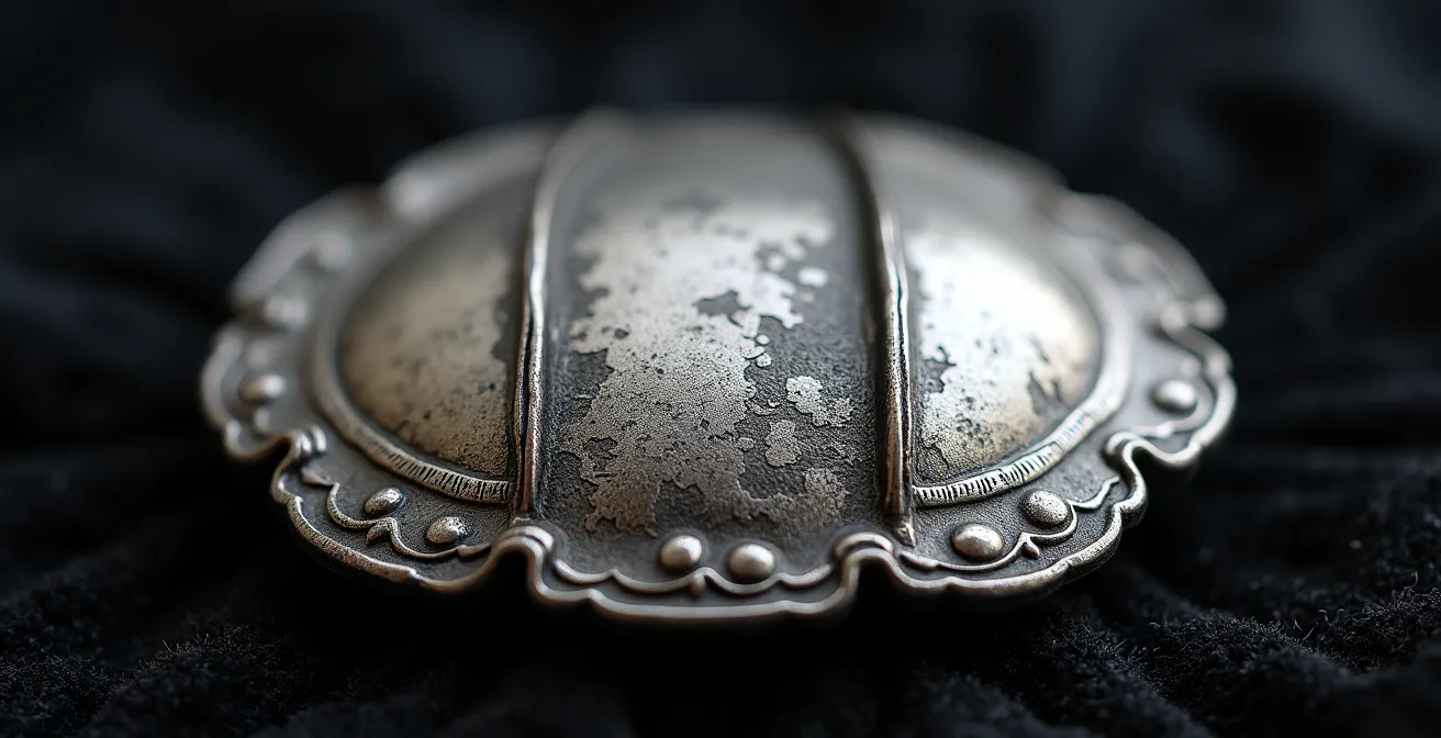 Vergleich verschiedener Silberreinigungsmethoden mit antikem Schmuckstück, das teilweise poliert ist
