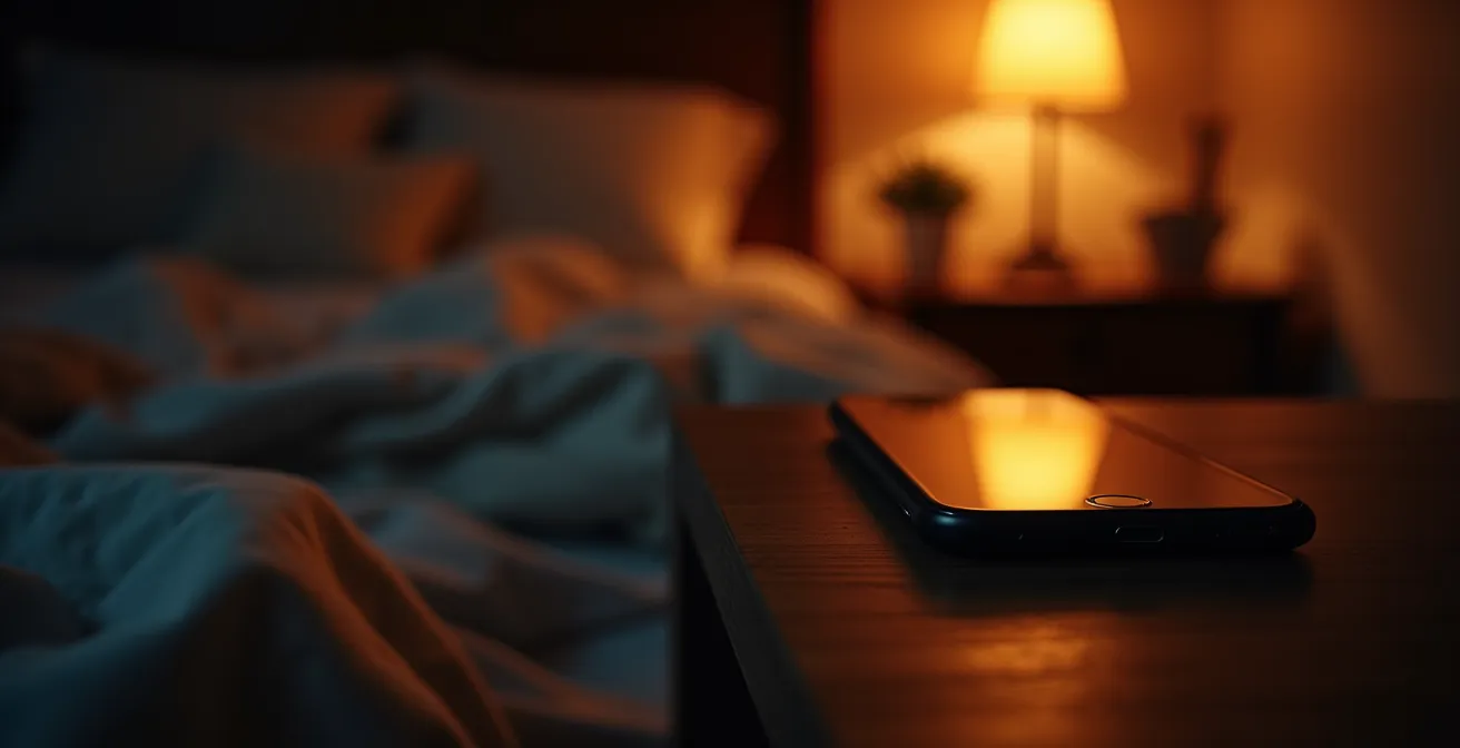 Nahaufnahme eines gedimmten Schlafzimmers mit Smartphone auf Nachttisch, das ein subtiles Leuchten abgibt