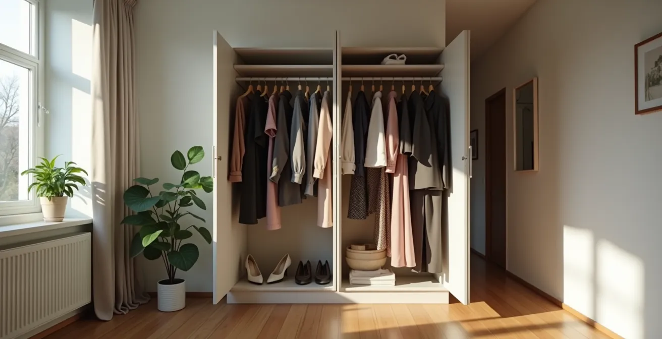 Ein offener Kleiderschrank, der eine graduelle Stilveränderung von links nach rechts zeigt, von konservativ zu authentisch.