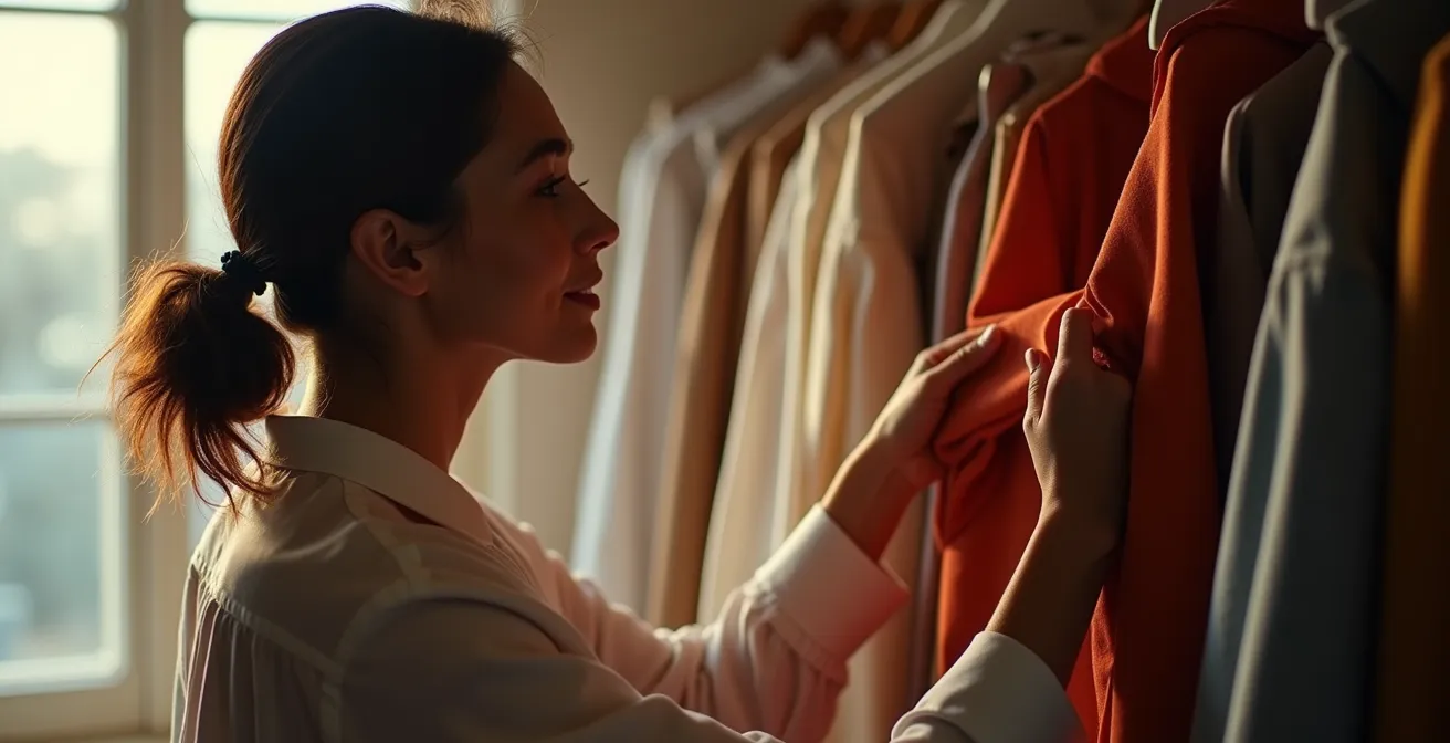 Eine Person wählt nachdenklich und zufrieden ein Kleidungsstück aus ihrer minimalistischen Garderobe aus.