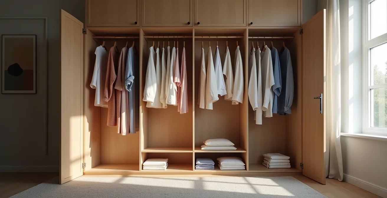 Offener Kleiderschrank mit vielen Kleidungsstücken aus minimalistischer Perspektive