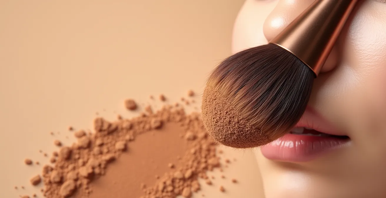 Makroaufnahme eines Make-up-Pinsels beim Auftragen von Bronzer auf die Wangenknochen
