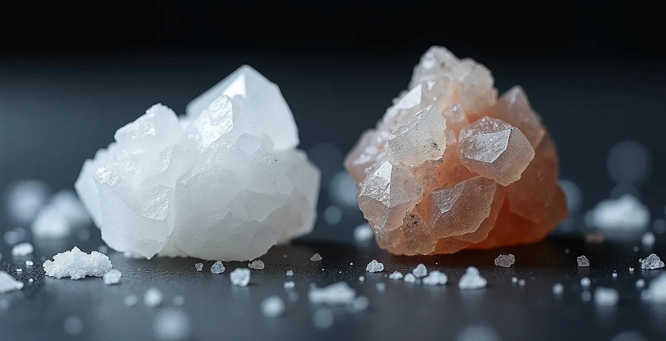 Makroaufnahme von Bittersalz und Totem Meer Salz Kristallen im Vergleich