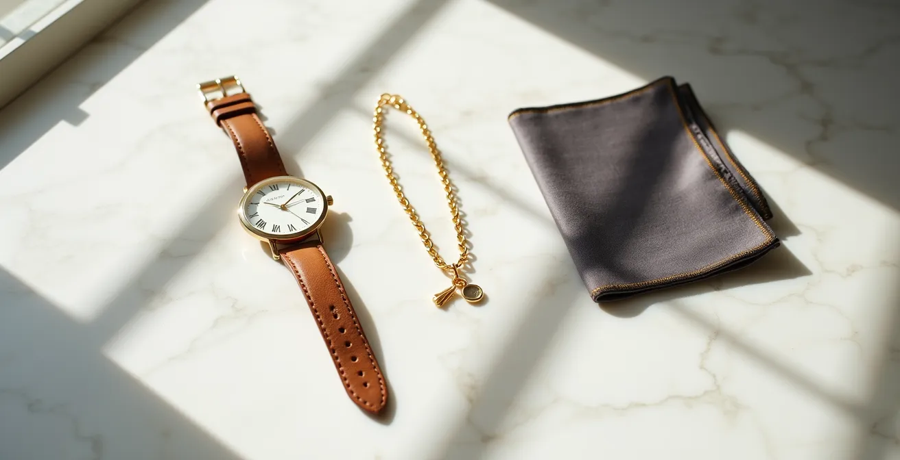 Eine minimalistische Komposition aus drei Accessoires – einer goldenen Kette, einer Uhr und einem Seidentuch – auf einer Marmoroberfläche.