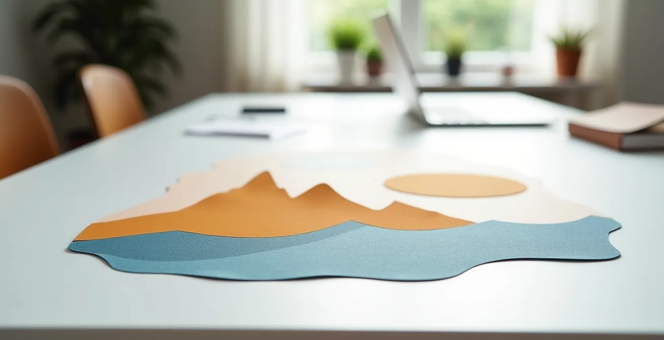 Collage aus deutschen Landschaftsbildern: Zugspitze, Nordsee, Biergarten als abstrakte Komposition