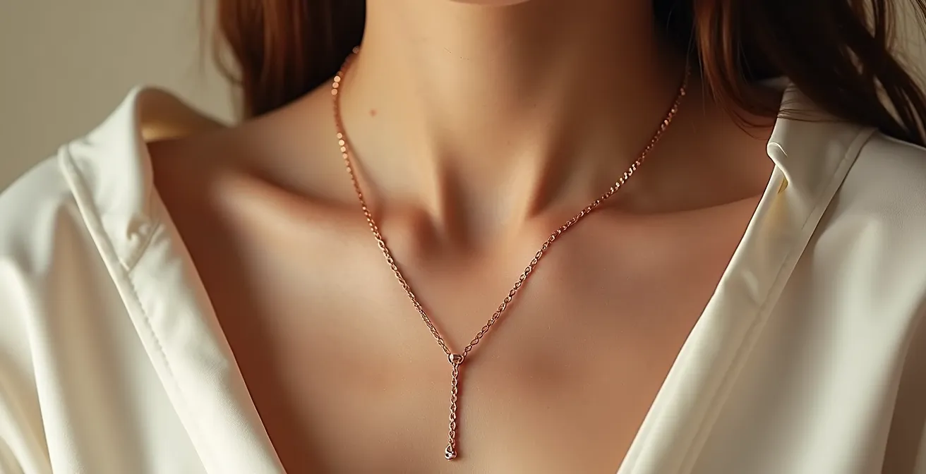 Nahaufnahme eines Halses mit einer filigranen Y-Kette, die den streckenden, vertikalen Effekt verdeutlicht.